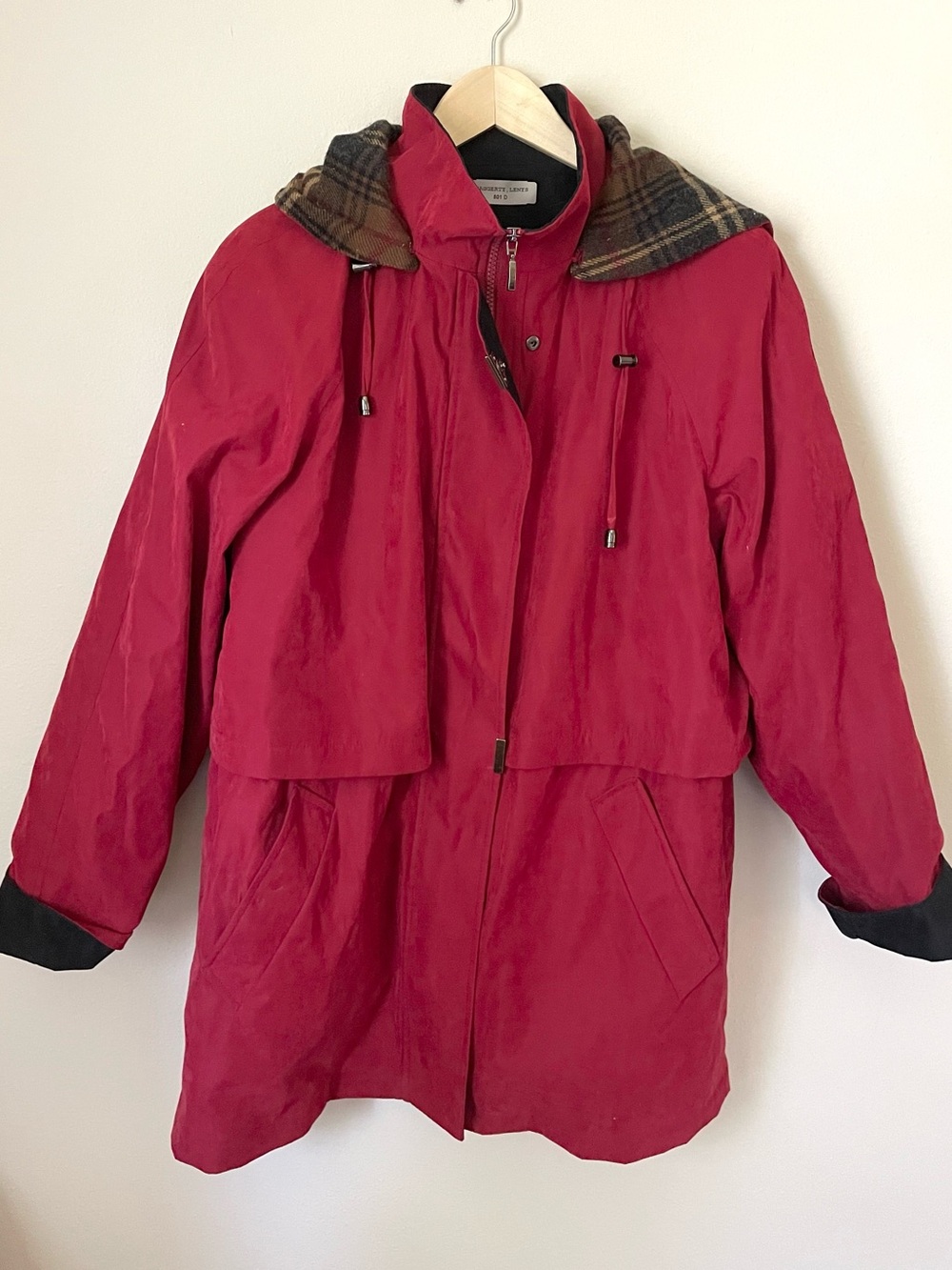 Liz Claiborne - Burgundy With Plaid Lined Hooded Utility Rain Jacket – Size L